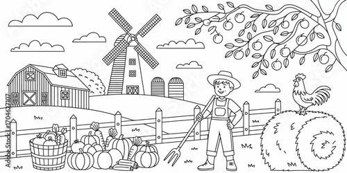 A vibrant illustration of a farmer with crops in baskets, alongside a friendly hen and a farmhouse, capturing the essence of farming and rural lifestyle in a cheerful setting.