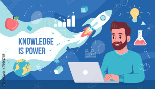 An artistic depiction of a cheerful man working on a laptop with elements of creativity and intellect surrounding him, representing the power of knowledge and innovation.