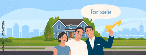 This heartwarming image presents a happy family holding a key with a realtor, standing in front of their new home, symbolizing new beginnings and happiness.