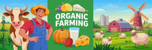 A cheerful farmer stands beside a cow with fresh produce like pumpkin and apple illustrated in a bright, colorful landscape symbolizing organic farming techniques.