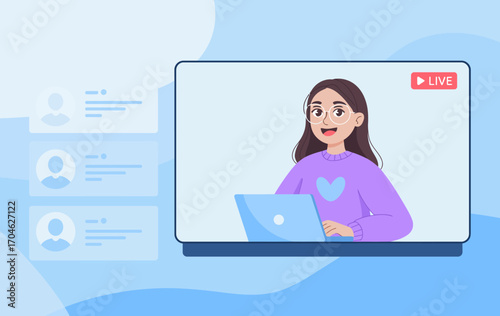 A lively illustration of a content creator during a live stream, conveying energy and engagement, with an interactive audience visible in a digitally designed environment.