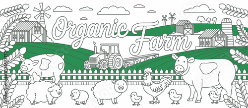 A serene depiction of an organic farm illustrated with cows, sheep, and a rooster amidst rolling hills, showcasing the beauty and simplicity of rural life.
