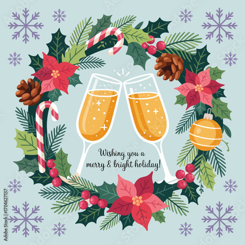 This charming illustration features two celebratory champagne glasses amidst a festive wreath, accented with vibrant seasonal foliage and beautiful holiday elements.