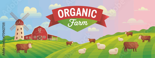 This charming organic farm scene features grazing cows and sheep, rolling hills, and a welcoming farmhouse, highlighting the beauty and tranquility of rural agricultural life.