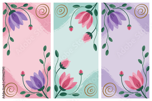 A set of three beautifully designed birthday cards featuring vibrant floral elements and soft color palettes, ideal for sending heartfelt wishes to loved ones.