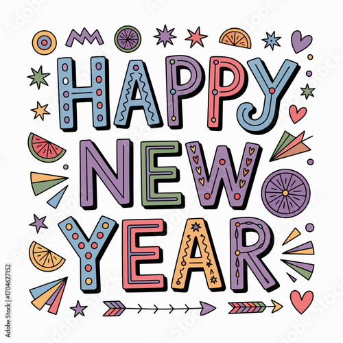 A lively and colorful illustration of 'Happy New Year' typography art adorned with various decorations, evoking feelings of joy and celebration for the new year.