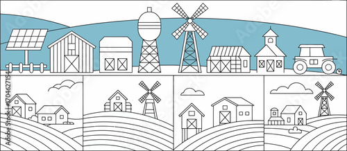 An artistic representation of a farming scene filled with various structures including a water tower, barns, and windmills amidst rolling hills, showcasing agricultural life.