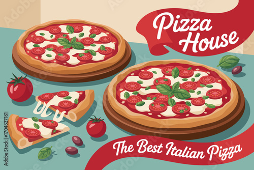 A beautifully illustrated view of two freshly baked Italian pizzas topped with delicious ingredients, showcasing the rich flavor and culinary traditions of Italian cuisine.