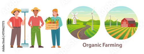 The image showcases three farmers, representing organic farming through their harvest. It emphasizes sustainability, teamwork, and a connection to nature and healthy living.