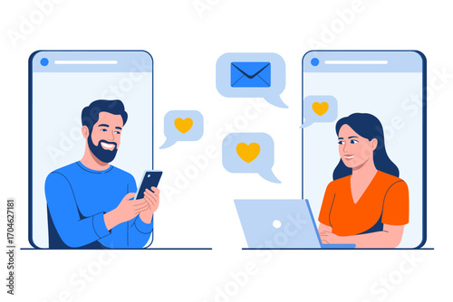 This image illustrates a digital conversation between a man and a woman, showcasing their shared emotions through text messages and heart emojis on their devices.