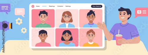 A vibrant image displaying a colorful virtual meeting interface, featuring smiling faces of participants engaging in a friendly online environment.