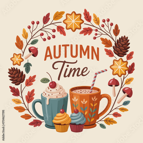 This charming illustration encapsulates the warm feelings of autumn with cozy drinks, colorful leaves, and delightful decorated cupcakes in a cheerful fall atmosphere.
