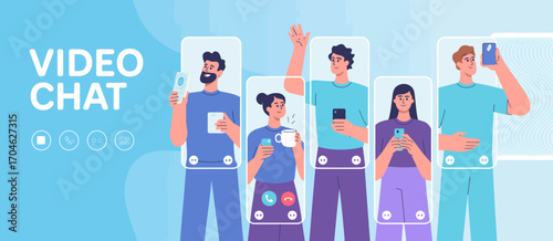 This visually appealing image showcases a group of five people engaged in a vibrant video chat, expressing joy and connection through their devices.