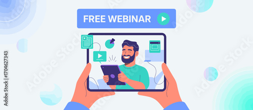 A joyful man enthusiastically participates in an online webinar, using his tablet to interact and share ideas with the audience in a bright and engaging setting.