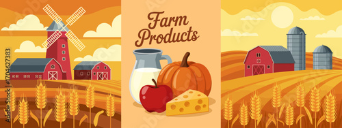 This vibrant image showcases farm products like milk, pumpkin, and cheese with a picturesque farm background emphasizing sustainable farming practices and local produce.