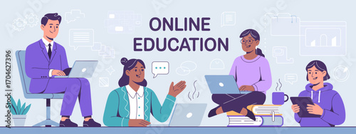 A group of diverse individuals collaboratively participates in an online education session, effectively using their digital devices to enhance learning experiences together.