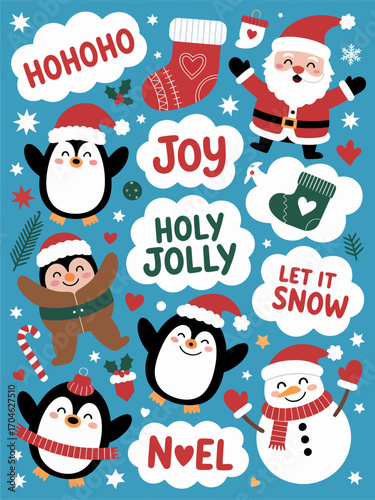 This delightful image showcases playful penguins and Santa Claus in a winter wonderland, capturing festive joy, ice, and the spirit of the holiday season.