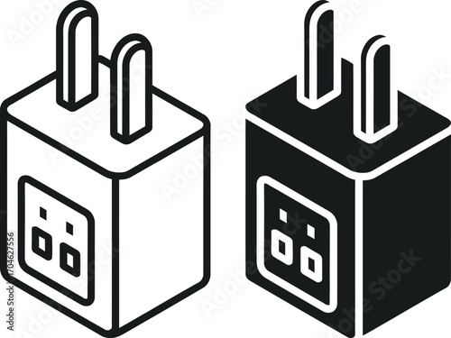 Two isometric illustrations of electrical power adapters one outline one filled