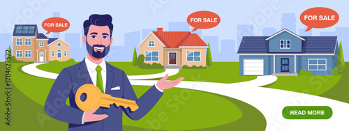 Showcasing a stylish realtor holding a large key in front of homes for sale, this image encapsulates excitement and the realization of dreams in real estate.