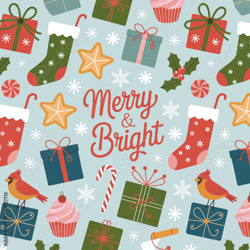 An eye-catching Christmas-themed pattern featuring delightful elements like gifts, festive stockings, and cheerful birds conveying the joyful holiday spirit.