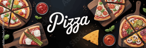 A stunning artistic collage that highlights popular pizza varieties, vividly illustrating appealing toppings and an enticing atmosphere for food enthusiasts.
