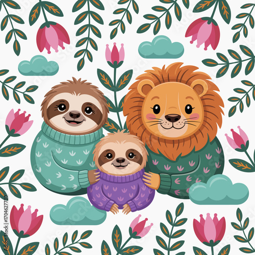 An adorable family-themed illustration showcasing sloths and a lion surrounded by flowers and greenery, highlighting beloved relationships and a charming natural environment.