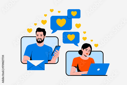 This vibrant illustration captures a joyful couple sharing heartfelt messages and emojis, symbolizing the happy emotions that come from modern digital communication.