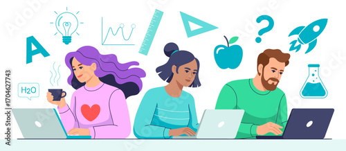 A lively group study session with students collaborating on laptops, symbolizing the essence of teamwork, learning, and creative exchange in a modern educational landscape.