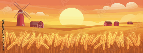 An illustration showcasing a peaceful sunrise over rolling hills, adorned with a traditional windmill and rustic barns, reflects the serenity of agricultural landscapes.