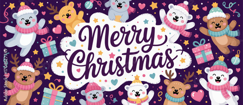 A joyful illustration featuring cute cartoon animals celebrating Christmas, surrounded by presents and decorations, evoking the warmth and cheer of the holiday season.