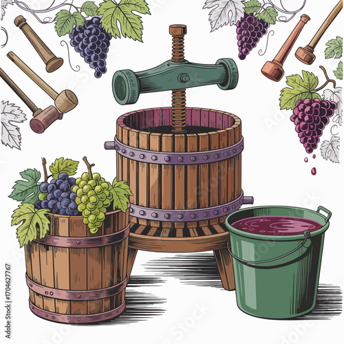 An artistic depiction of a traditional wine press, grapes, and buckets, illustrating the essential role of nature and craftsmanship in winemaking and its cultural significance.