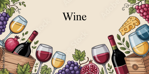 A delightful arrangement featuring wine bottles, glasses, grapes, and cheese, highlighting the elegance of wine culture and the joy of social gatherings.