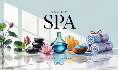 A beautiful array of spa essentials including vibrant flowers, candles, and calming stones set in a peaceful ambiance, designed for relaxation and rejuvenation.