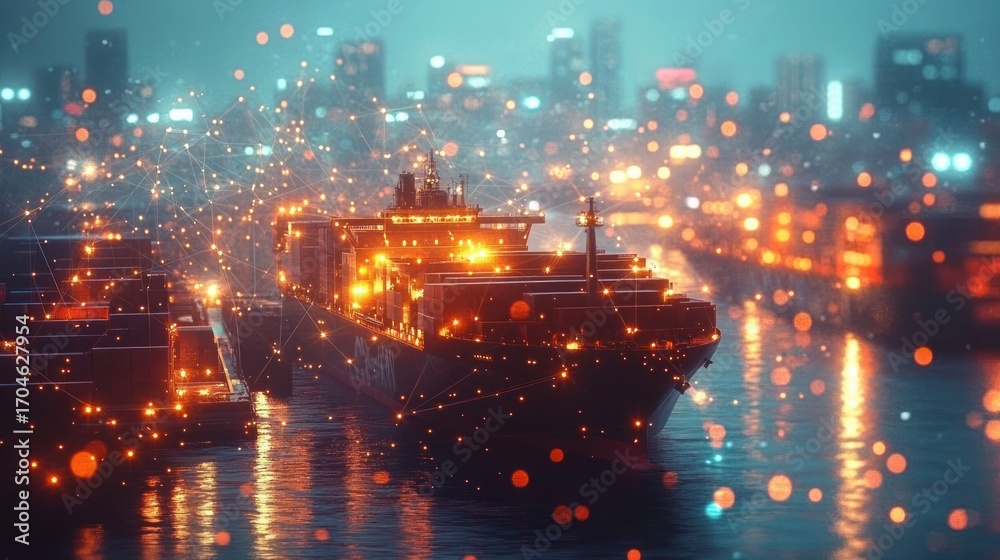 Fototapeta premium Large cargo ship docked at a port during nighttime with city lights blurred in the background and digital light network overlay suggesting connectivity