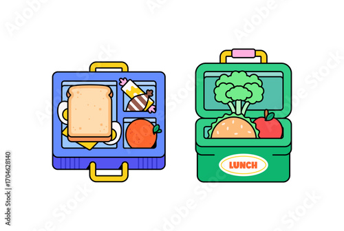 Cartoon lunch boxes with healthy and unhealthy food vector illustration hand drawn style