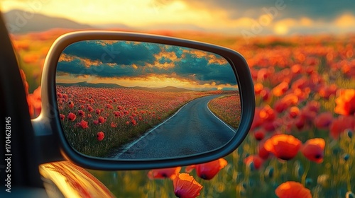 Fototapeta Naklejka Na Ścianę i Meble -  view of a winding road and poppy flower field during sunset seen through a car's side rearview mirror with a warm and peaceful atmosphere