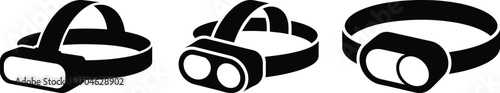 Three black silhouette icons of headlamps on white background
