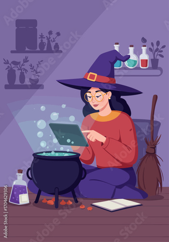 Modern Witch with Tablet and Cauldron Vector