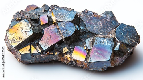 Specimen of Iridescent Hematite Crystals on White Background