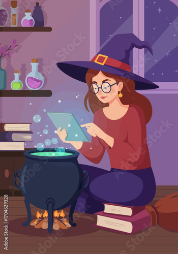 Modern Witch with Tablet and Cauldron Vector