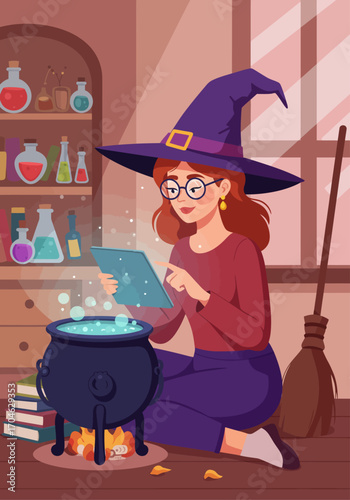 Modern Witch with Tablet and Cauldron Vector