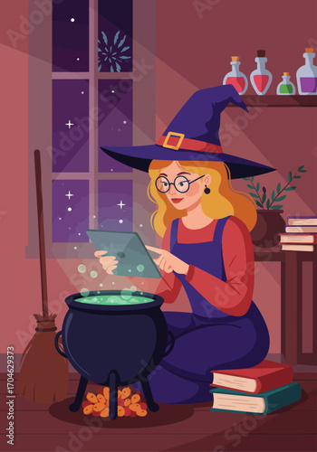 Modern Witch with Tablet and Cauldron Vector