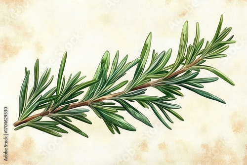 Detailed close-up illustration of a fresh green rosemary herb branch with needle-like leaves on a textured light background