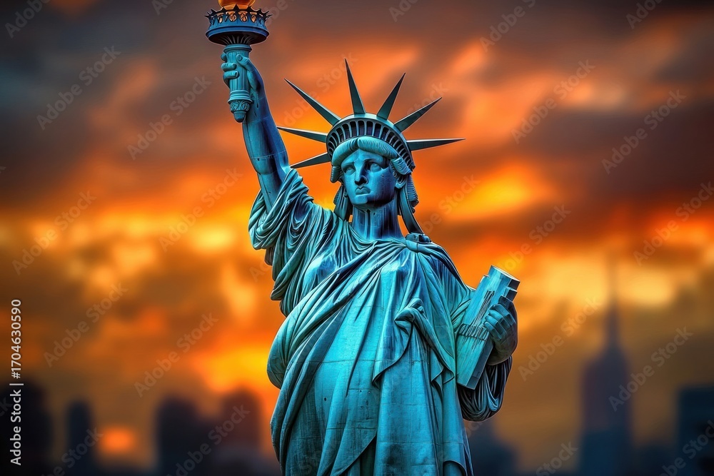 Fototapeta premium Statue of Liberty illuminated against a dramatic sunset sky with orange and dark clouds and a blurred city skyline