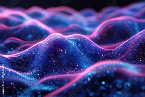 Abstract digital landscape of glowing blue and pink wave-like mesh with sparkling light particles creating a futuristic and dynamic visual effect