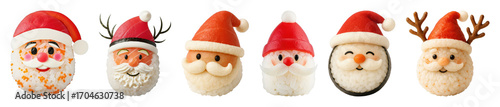Obraz  z motywem Christmas sushi set including Santa Claus and Rudolph reindeer designs with tuna and salmon isolated. Festive holiday food and party snacks.