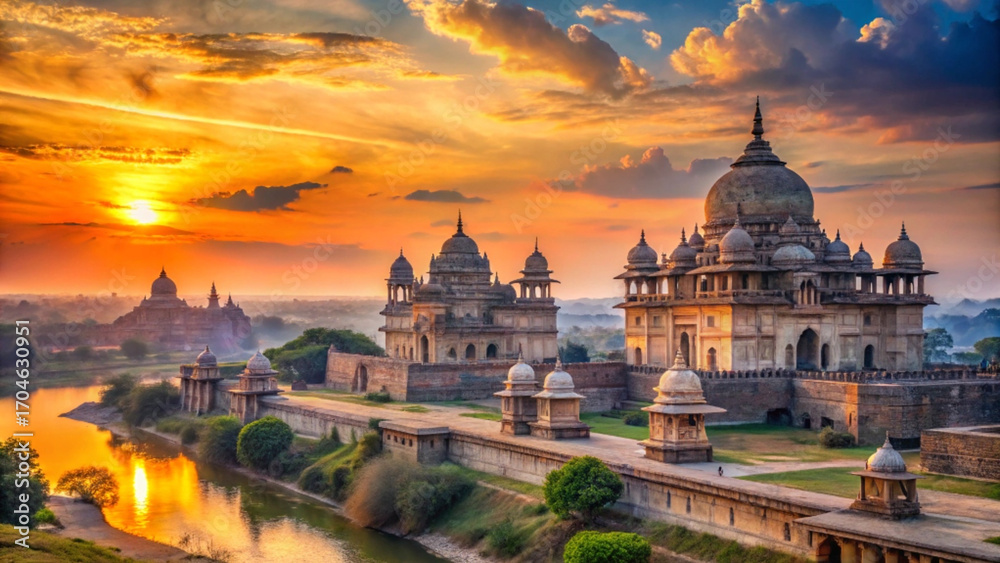 Fototapeta premium ancient temple complex at sunset with vibrant sky and river