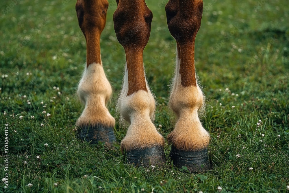 Obraz premium Close-up view of a horse's lower legs and hooves standing on green grass with small white flowers in natural sunlight