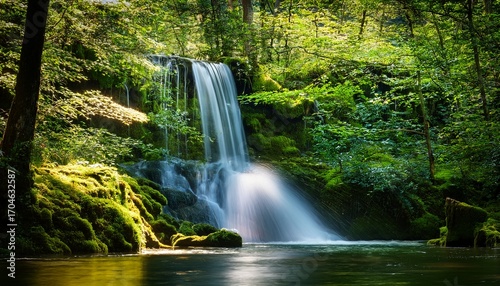 Enchanting Cascading Waterfall In Lush Green Forest Glistening In Sunlight