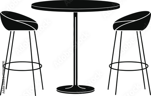Modern black bar table and two stools isolated on white background